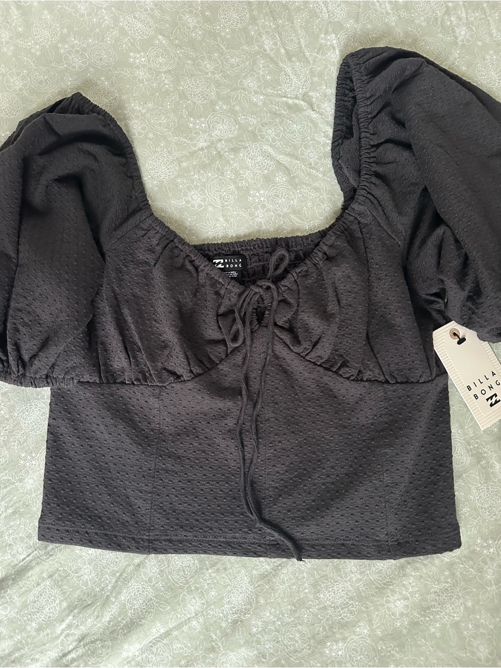 Billabong Gray Puff Sleeve Crop Top NWT Size L Cottagecore Coquette